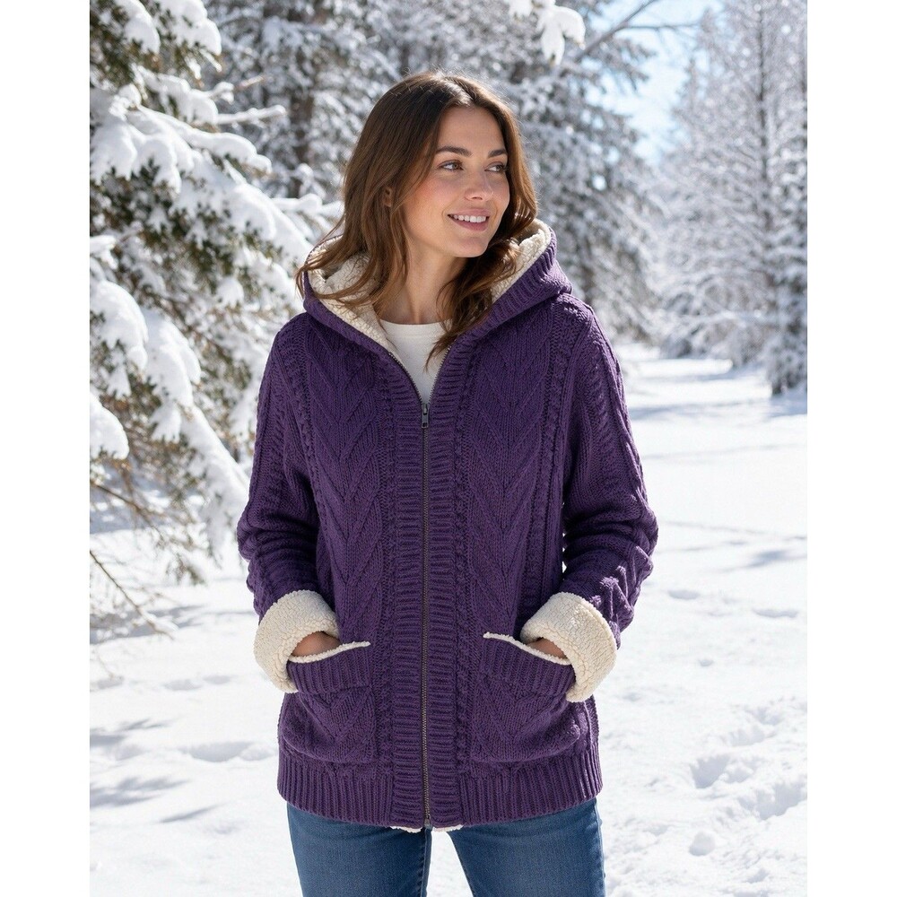 Cabelas Womens M Deer Lodge Sweater Cable Knit Fleece Lined Purple